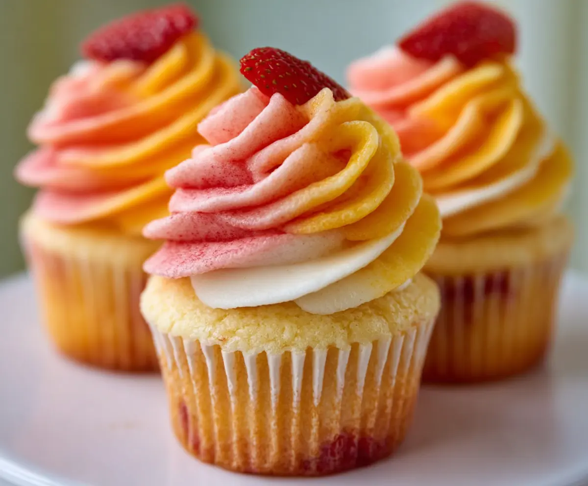 Delicious Mango Strawberry Sunset Cupcakes topped with fresh fruit and swirled frosting.
