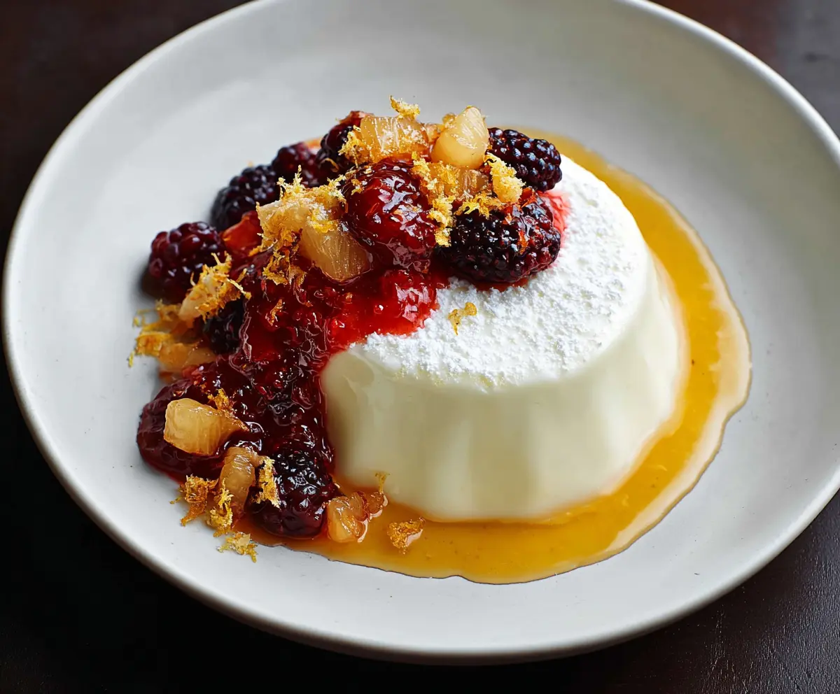 Creamy Orange Blossom Honey Panna Cotta topped with vibrant berry compote on a elegant dessert plate.