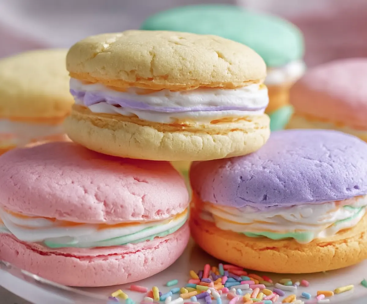 Delicious pastel sugar cookie sandwiches with colorful frosting and sprinkles, perfect for celebrations.