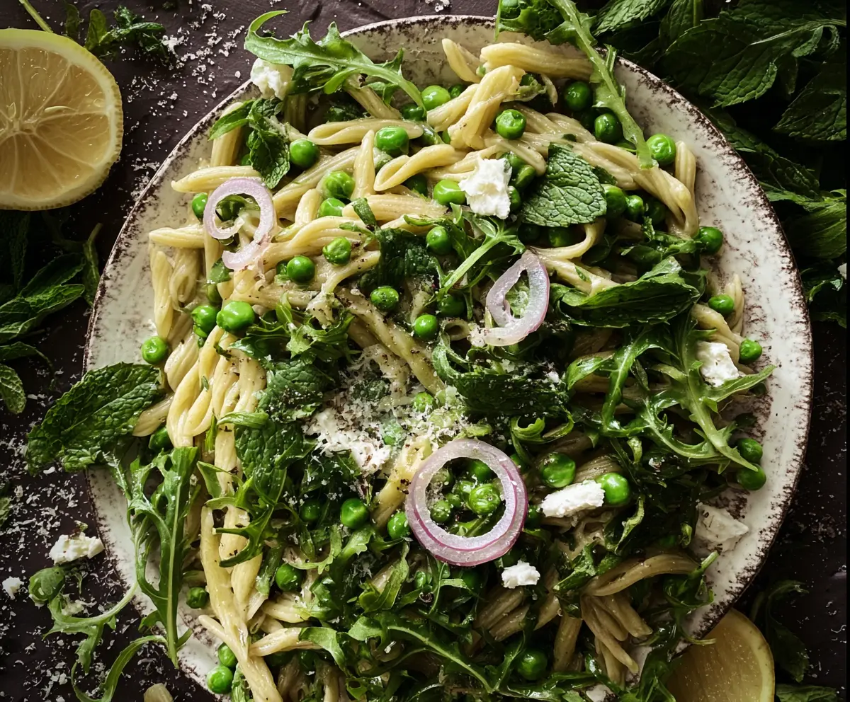Delicious pea pasta dish garnished with fresh mint, truffle shavings, and lemon zest for a flavorful meal.