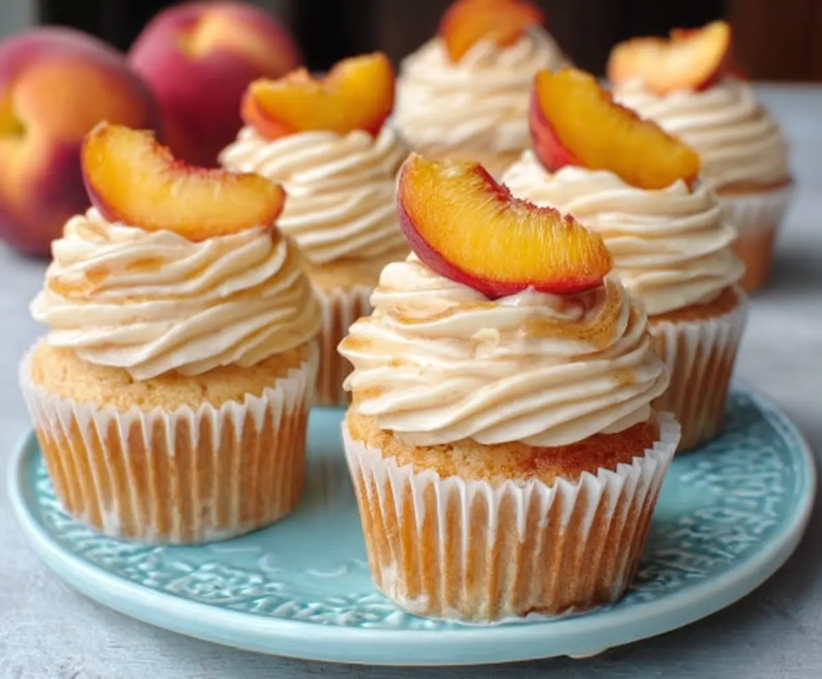 Delicious Peach Bellini Cupcakes topped with peach slices and whipped cream for a refreshing summer dessert.