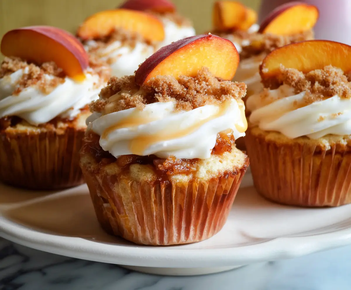 Delicious Peach Cobbler Cupcakes topped with fresh peaches and a golden crumb topping