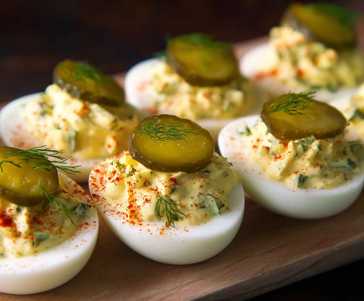 Delicious Pickle Deviled Eggs garnished with fresh herbs on a white plate.