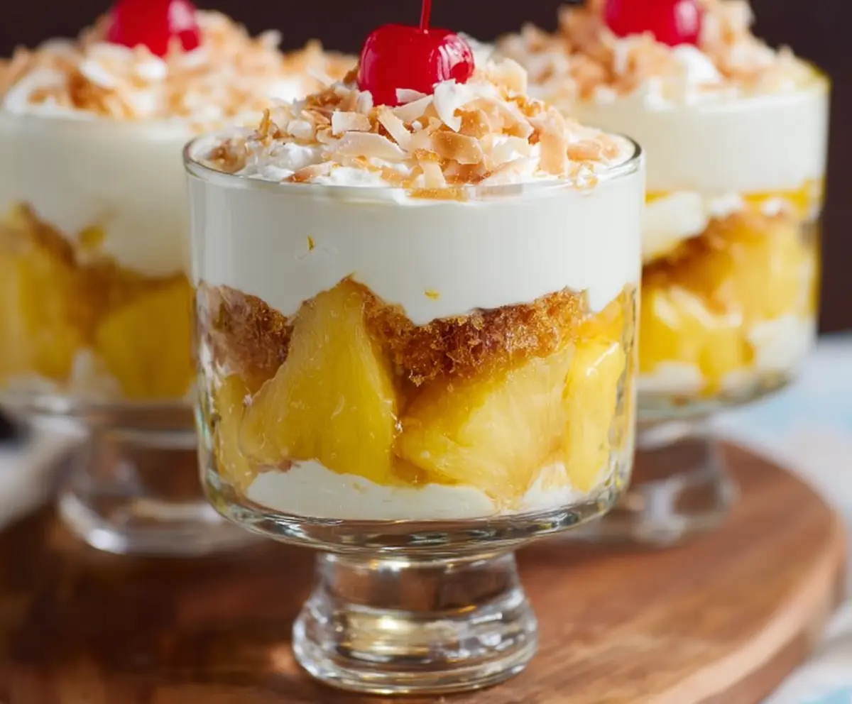 Delicious Pineapple Coconut Sunshine Trifle Cups topped with fresh fruits and shredded coconut.