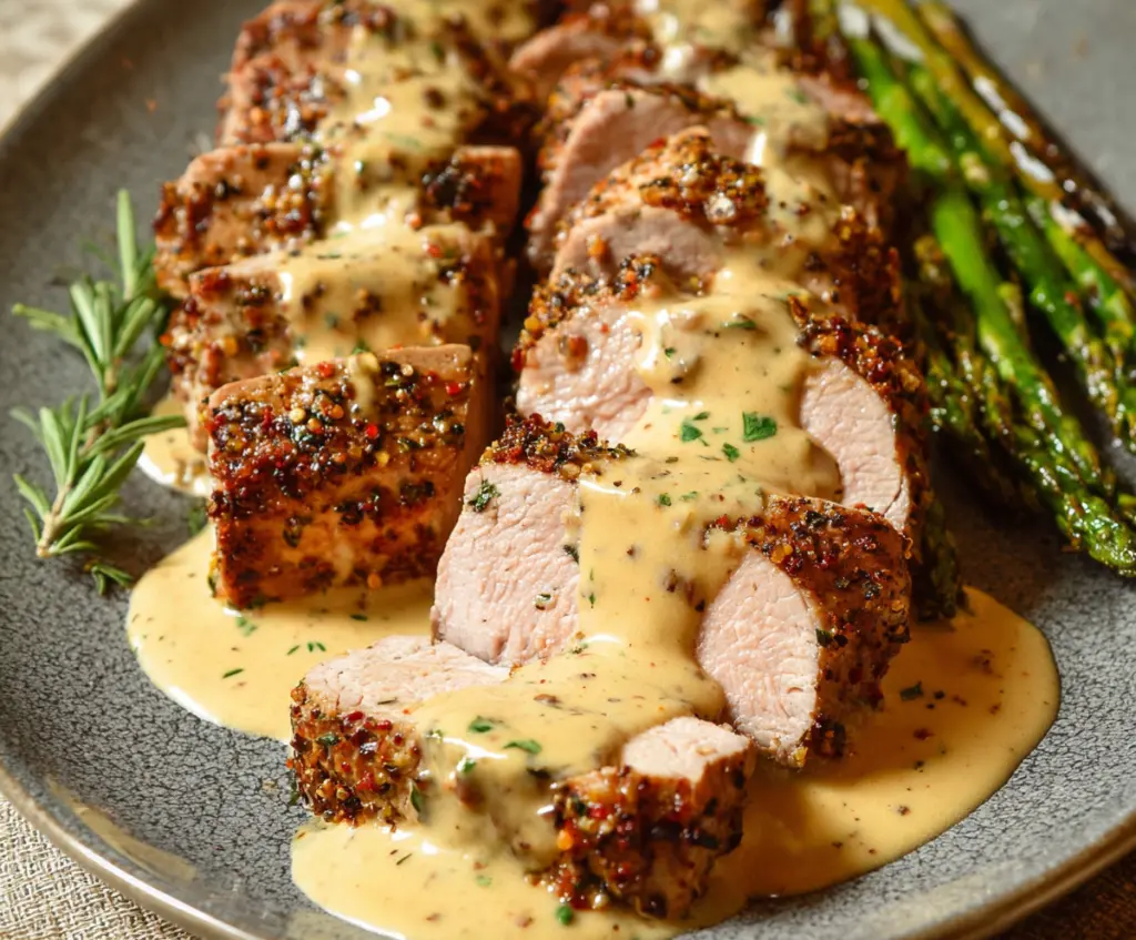 Juicy pork tenderloin served with a creamy Dijon sauce on a stylish plate.