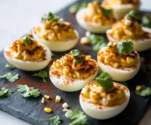 Spicy Elote Deviled Eggs
