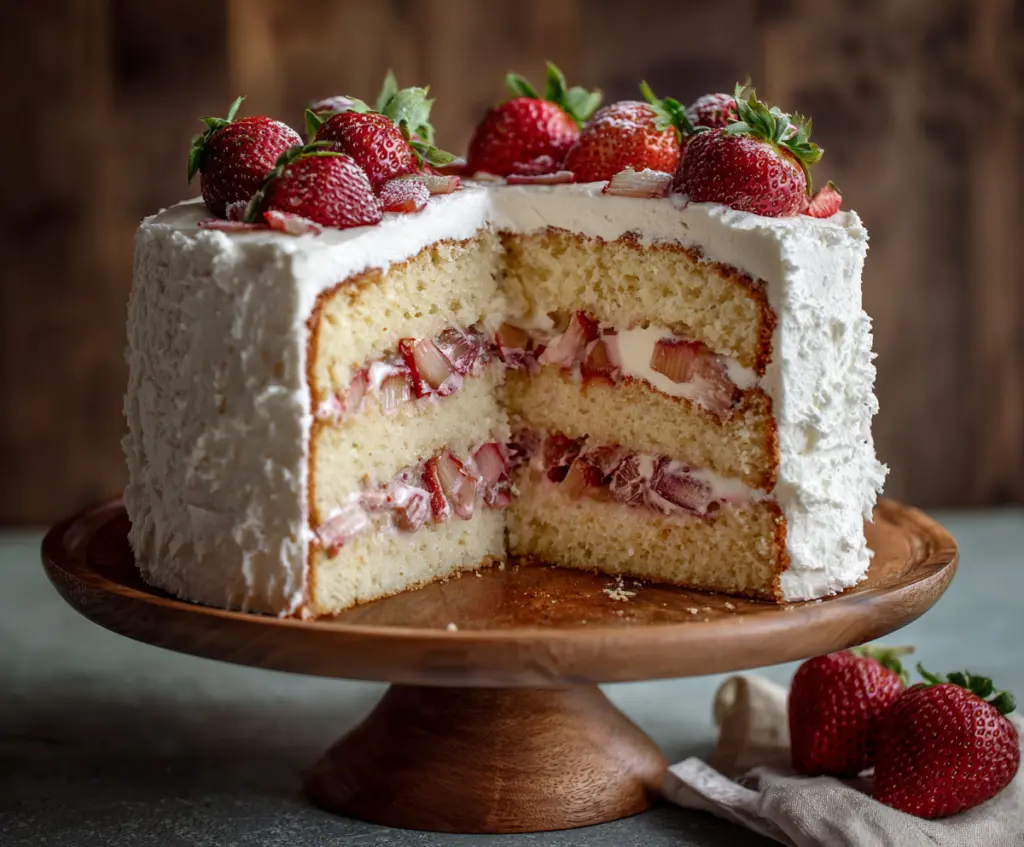 Delicious Strawberry Rhubarb Layer Cake with fresh strawberries and tangy rhubarb frosting
