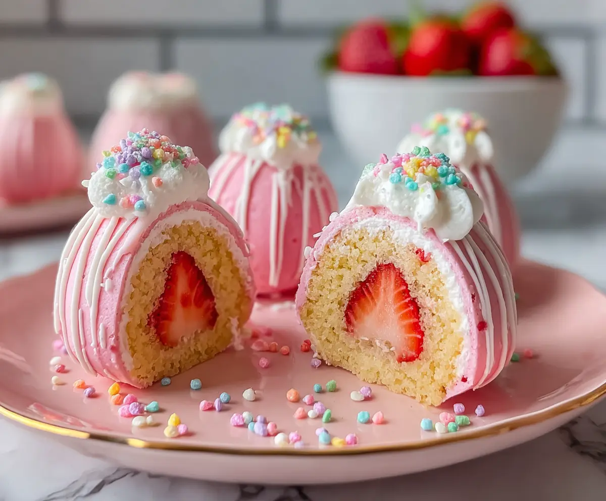 Decorative Strawberry Shortcake Easter Egg Bombs with fresh strawberries and whipped cream on a festive table.