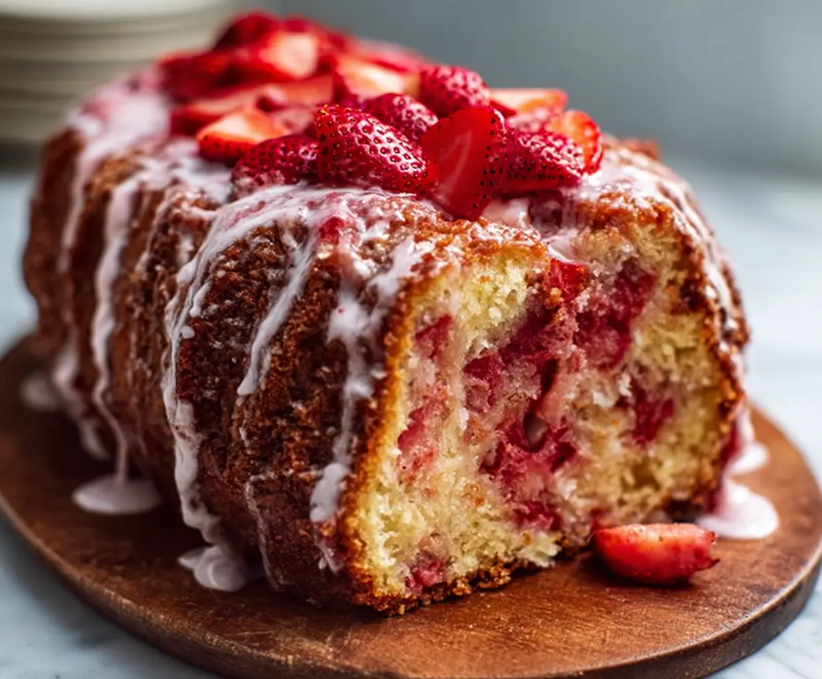Delicious homemade sweet strawberry pound cake with fresh strawberries and moist crumb