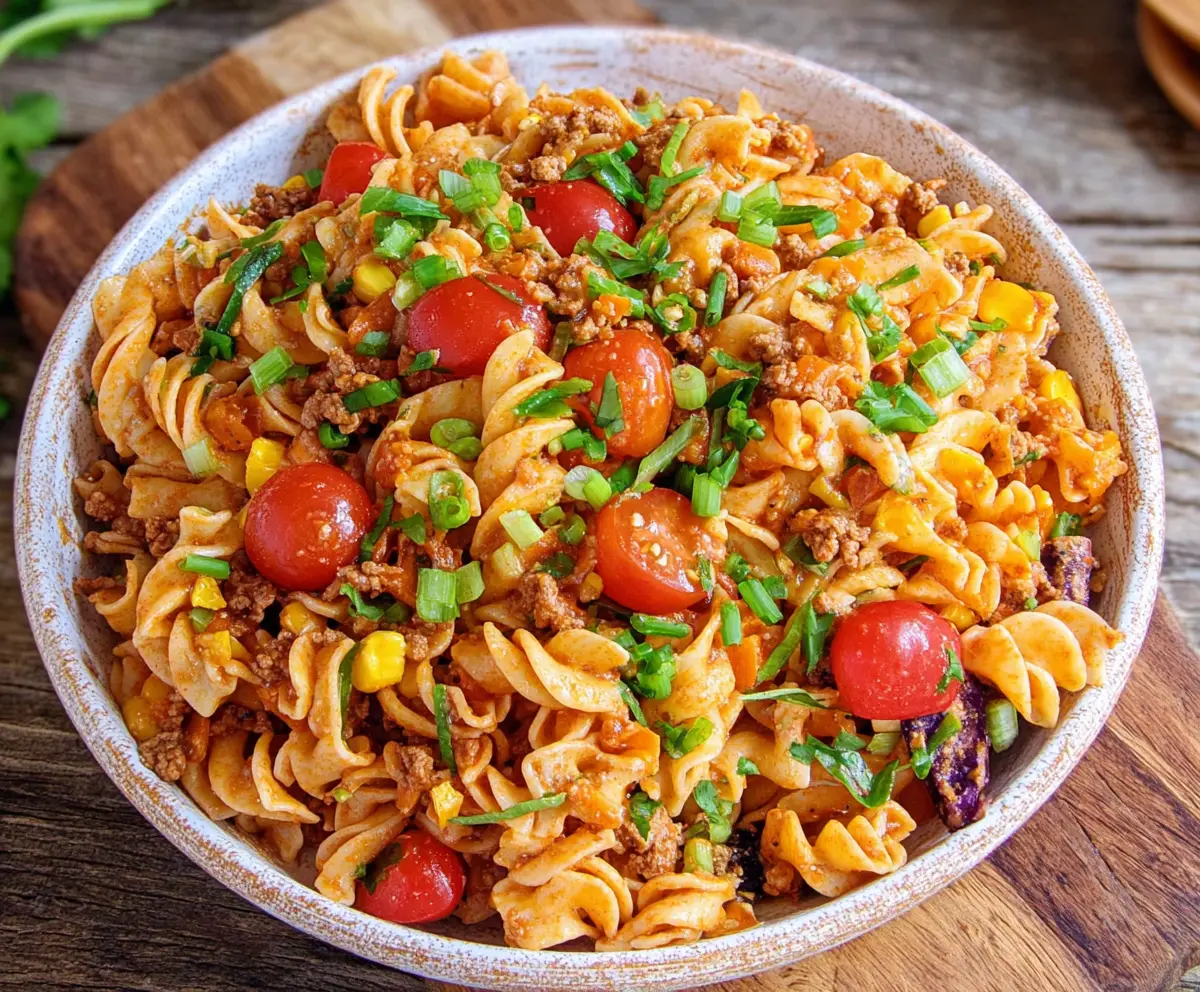 Colorful taco pasta salad with seasoned ground beef, fresh lettuce, and cheddar cheese in a bowl.