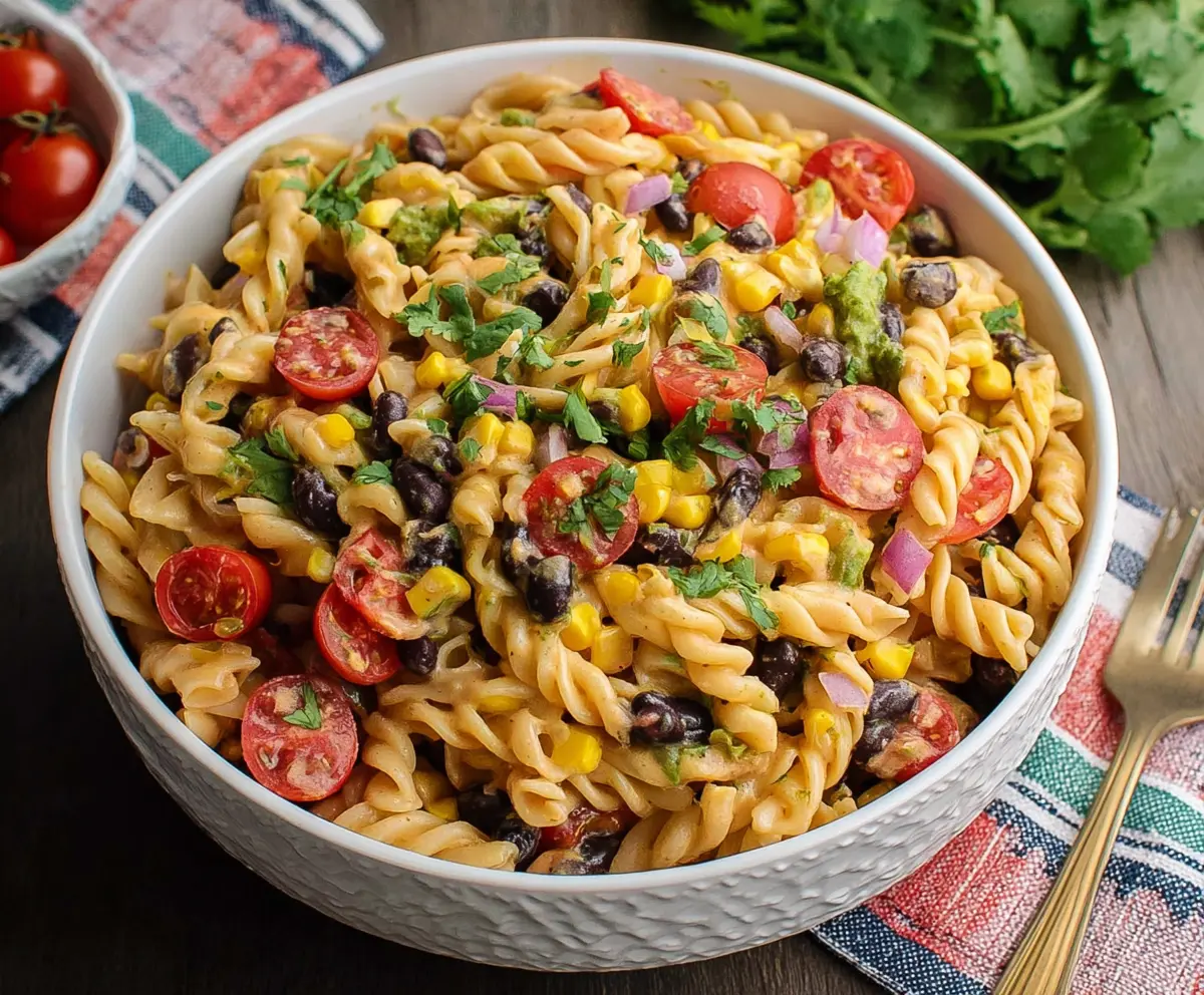 Vegan Southwest Pasta Salad with colorful vegetables and creamy dressing in a bowl