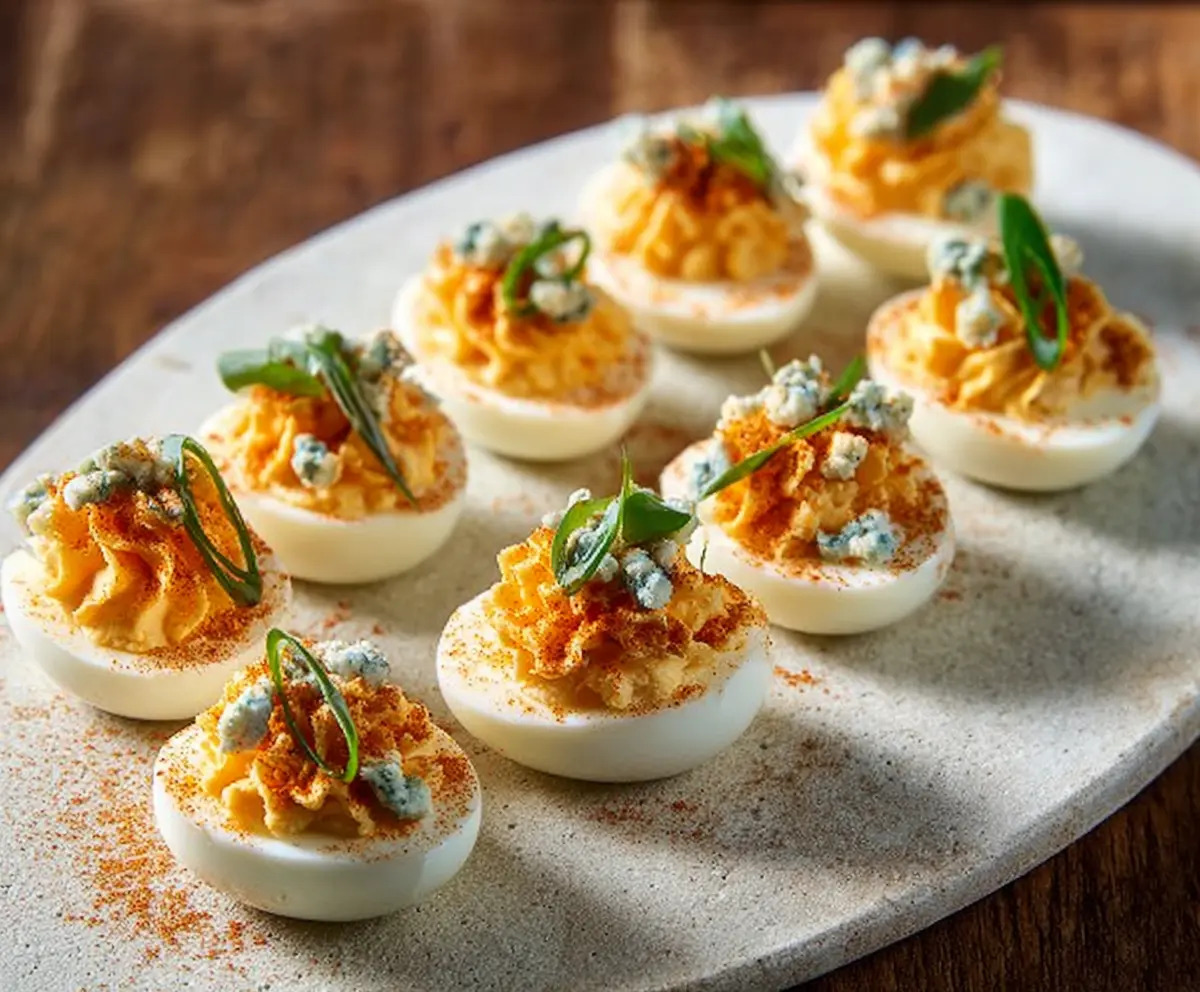 Buffalo Blue Cheese Deviled Eggs served on a platter, garnished with parsley.