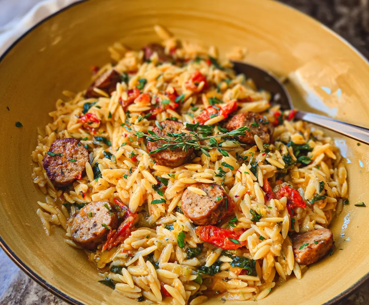 Delicious chicken sausage orzo pasta with fresh herbs and vegetables