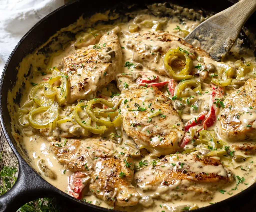 Creamy Pepperoncini Chicken Skillet served with fresh herbs on a white plate.