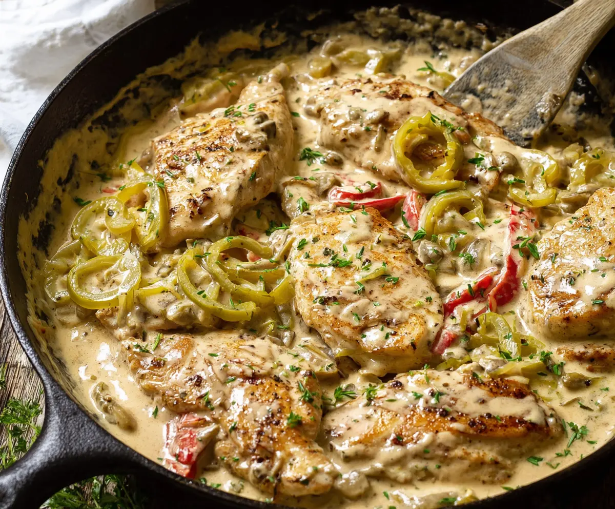 Creamy Pepperoncini Chicken Skillet served with fresh herbs on a white plate.