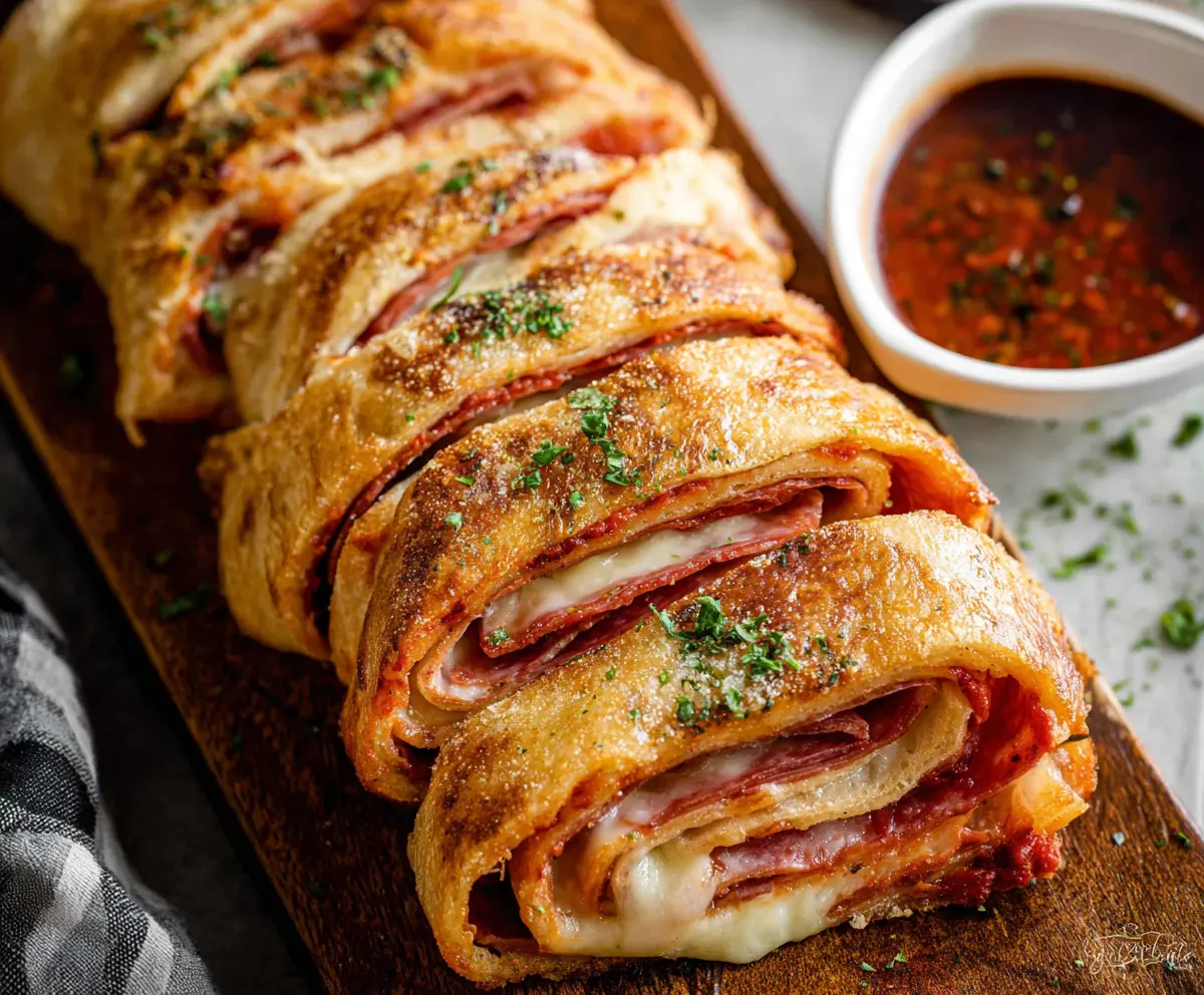 Delicious homemade Easy Stromboli packed with melted cheese, ham, and fresh vegetables.