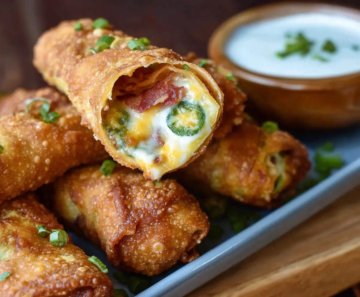 Crispy mini jalapeno popper egg rolls served as finger food with melted cheese and spicy jalapenos inside.
