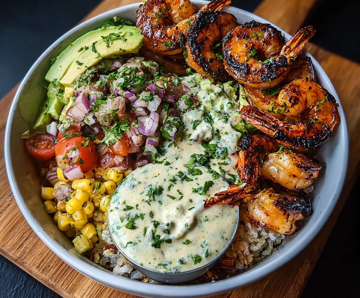 Delicious grilled shrimp bowl featuring creamy garlic sauce and fresh seafood ingredients.
