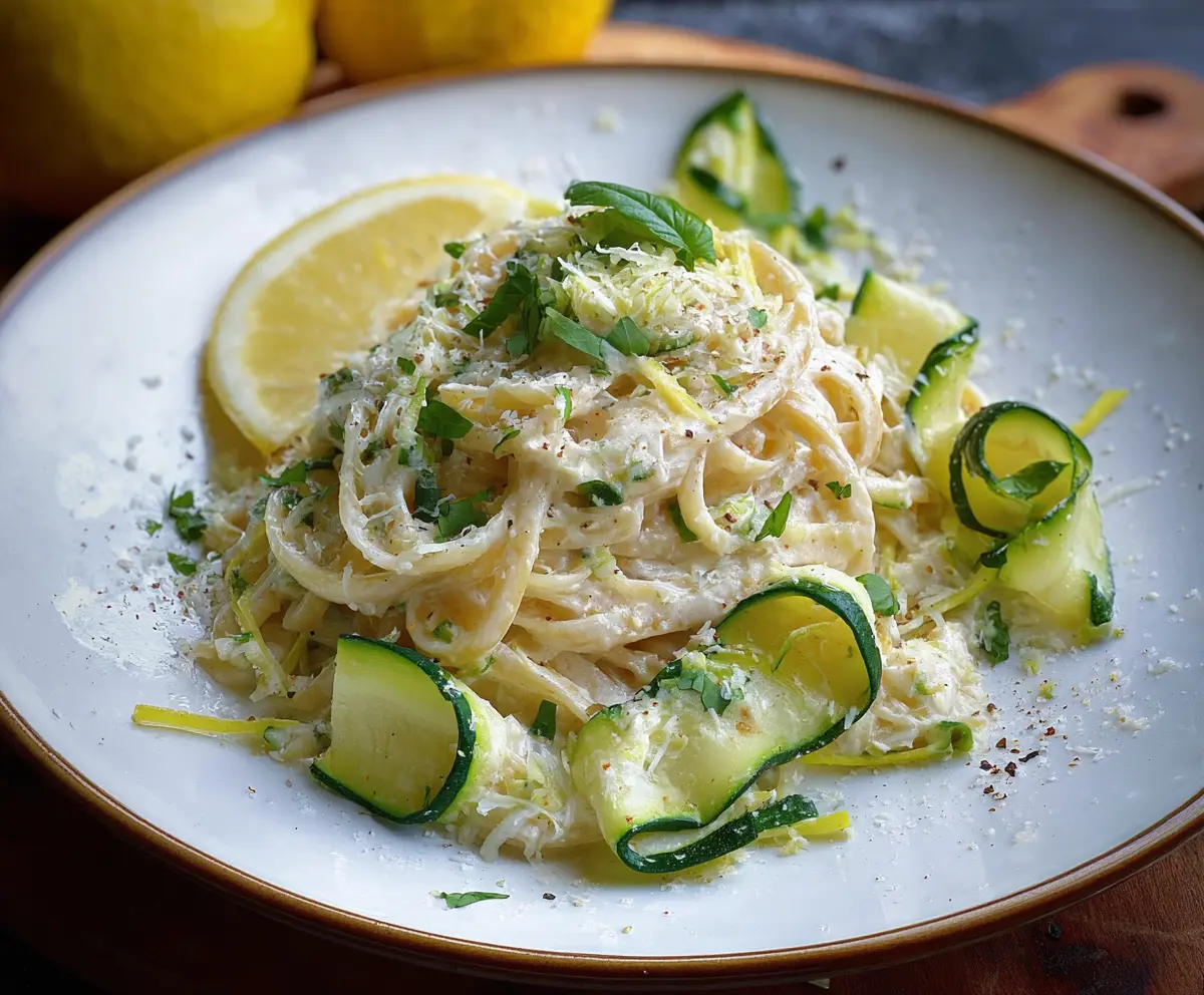 Delicious Lemon Ricotta Pasta with Fresh Zucchini Ribbons on a plate, garnished with herbs