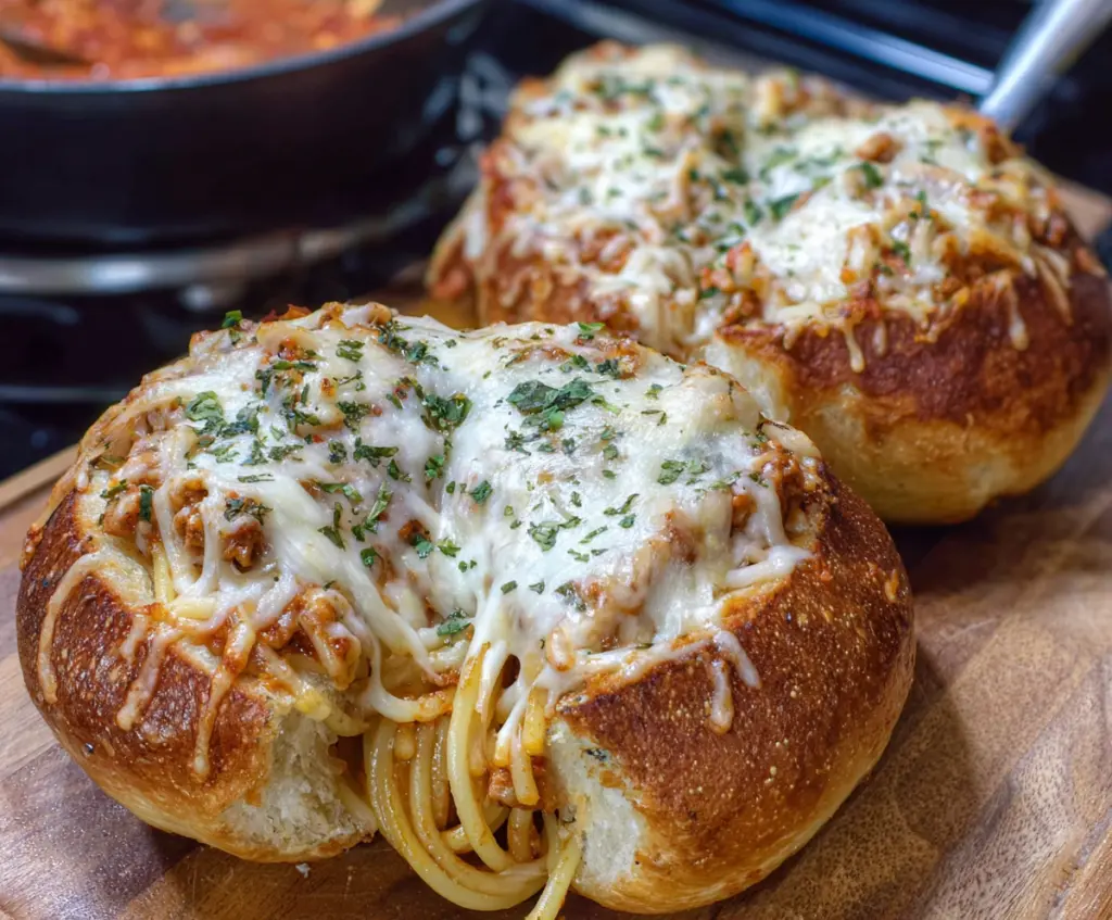 Delicious spaghetti served in garlic bread bowls, perfect for a flavorful meal.