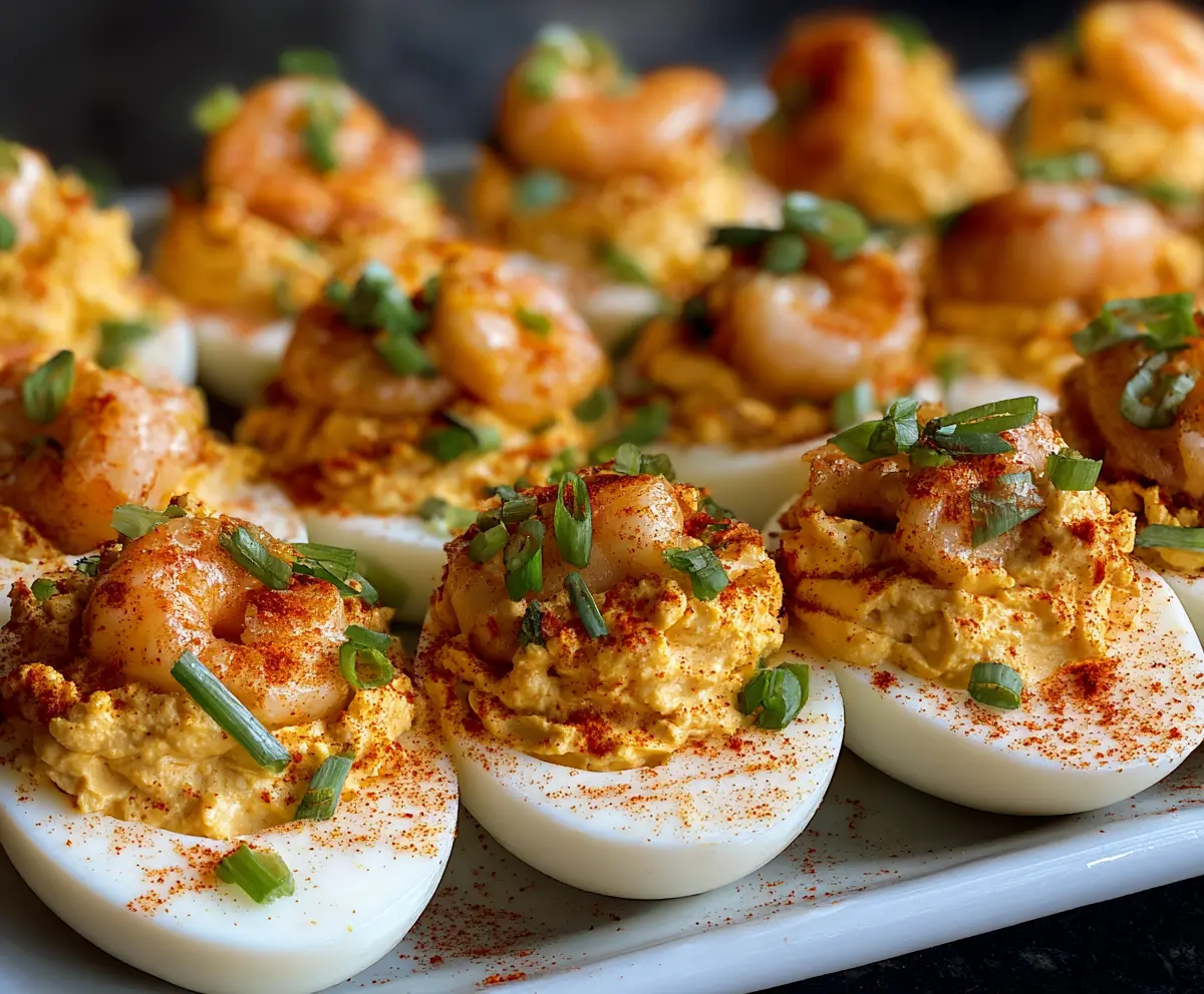 Delicious spicy crawfish deviled eggs served on a platter, perfect for seafood lovers and appetizer enthusiasts.