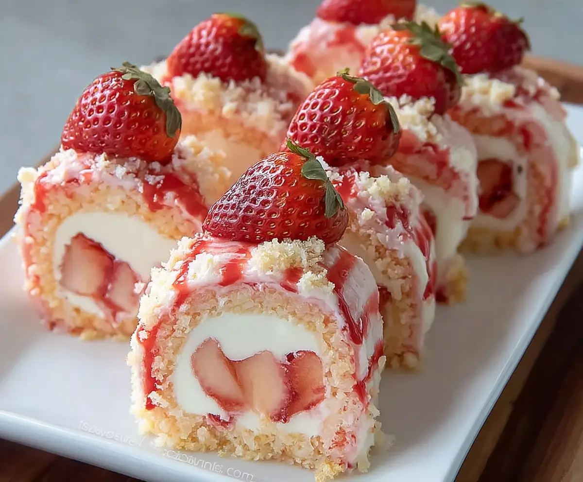 Delicious strawberry shortcake cheesecake sushi rolls with fresh strawberries and creamy cheesecake on a plate.